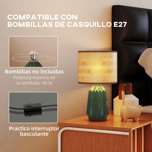 HOMCOM Candeeiro de Mesa com Base de Cerâmica e Ecrã de Linho Estilo Retro com Interruptor para Quarto Sala E27 40W Verde e Madeira