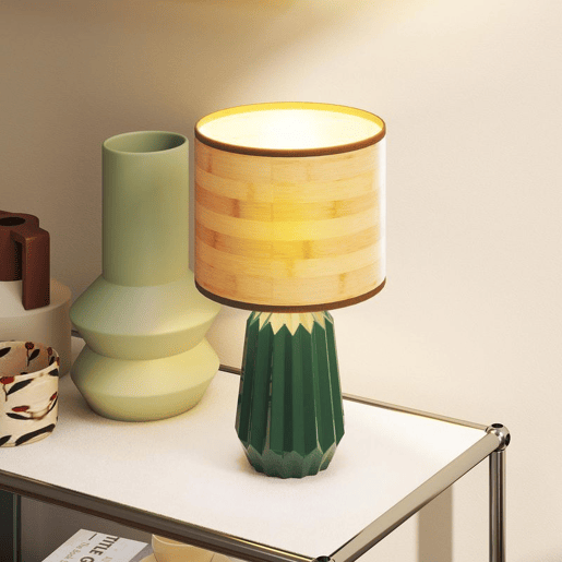 HOMCOM Candeeiro de Mesa com Base de Cerâmica e Ecrã de Linho Estilo Retro com Interruptor para Quarto Sala E27 40W Verde e Madeira
