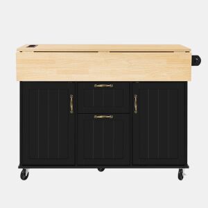 Ilha de cozinha móvel 120×40-60-80×92 cm - Mesa extensível, com gavetas e suporte para toalhas - Preto e natural