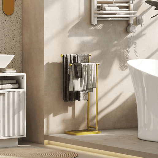 HOMCOM Toalheiro de Pé de 2 Níveis Toalheiro para Casa de Banho com 2 Barras e Estrutura Metálica Estilo Moderno em Forma de L 35,5x20x78 cm Dourado