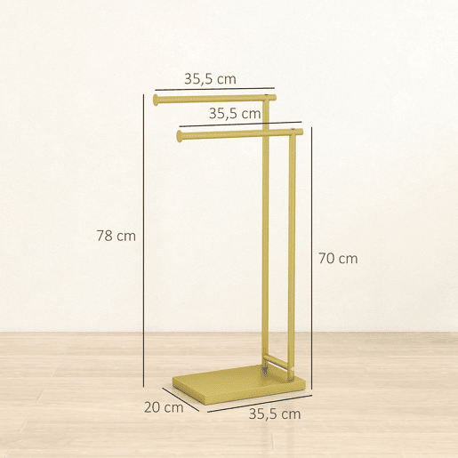 HOMCOM Toalheiro de Pé de 2 Níveis Toalheiro para Casa de Banho com 2 Barras e Estrutura Metálica Estilo Moderno em Forma de L 35,5x20x78 cm Dourado