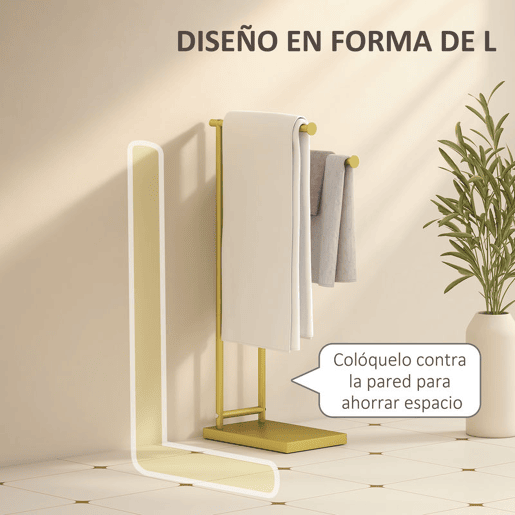 HOMCOM Toalheiro de Pé de 2 Níveis Toalheiro para Casa de Banho com 2 Barras e Estrutura Metálica Estilo Moderno em Forma de L 35,5x20x78 cm Dourado