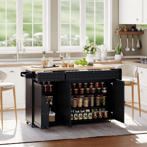 Ilha de cozinha 137x89,5x45 cm - Com 6 rodas fixas, prateleira, 2 gavetas, prateleira na porta - Natural+Preto