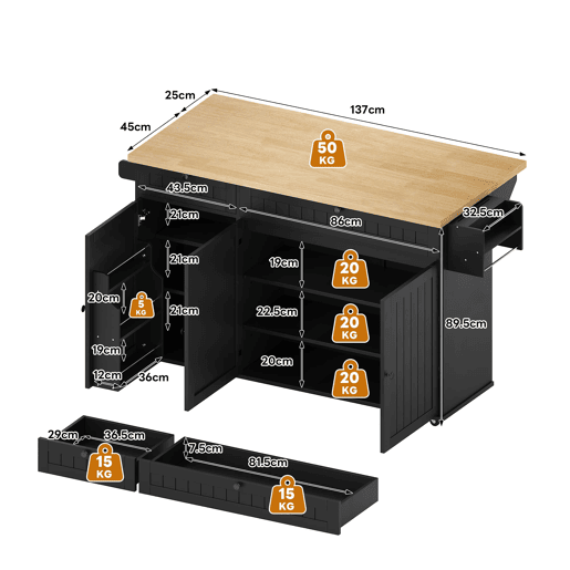 Ilha de cozinha 137x89,5x45 cm - Com 6 rodas fixas, prateleira, 2 gavetas, prateleira na porta - Natural+Preto