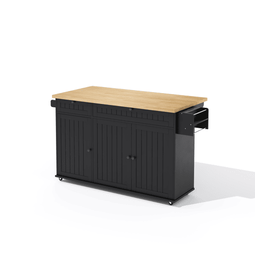 Ilha de cozinha 137x89,5x45 cm - Com 6 rodas fixas, prateleira, 2 gavetas, prateleira na porta - Natural+Preto
