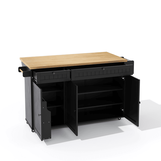 Ilha de cozinha 137x89,5x45 cm - Com 6 rodas fixas, prateleira, 2 gavetas, prateleira na porta - Natural+Preto