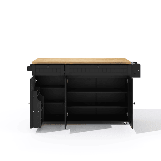 Ilha de cozinha 137x89,5x45 cm - Com 6 rodas fixas, prateleira, 2 gavetas, prateleira na porta - Natural+Preto