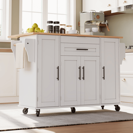 Ilha de cozinha móvel 120x45 cm - Superfície extensível, gaveta para utensílios, prateleiras ajustáveis - Branco + Natural