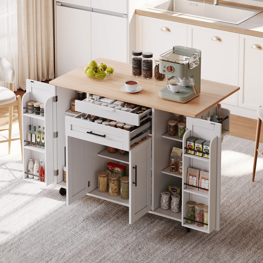 Ilha de cozinha móvel 120x45 cm - Superfície extensível, gaveta para utensílios, prateleiras ajustáveis - Branco + Natural