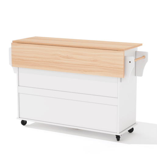 Ilha de cozinha móvel 120x45 cm - Superfície extensível, gaveta para utensílios, prateleiras ajustáveis - Branco + Natural