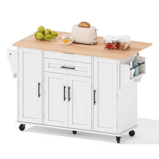 Ilha de cozinha móvel 120x45 cm - Superfície extensível, gaveta para utensílios, prateleiras ajustáveis - Branco + Natural