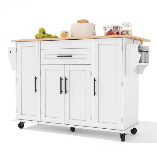 Ilha de cozinha móvel 120x45 cm - Superfície extensível, gaveta para utensílios, prateleiras ajustáveis - Branco + Natural