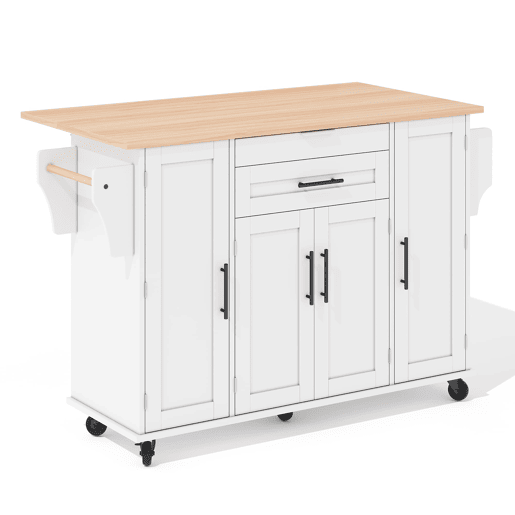 Ilha de cozinha móvel 120x45 cm - Superfície extensível, gaveta para utensílios, prateleiras ajustáveis - Branco + Natural