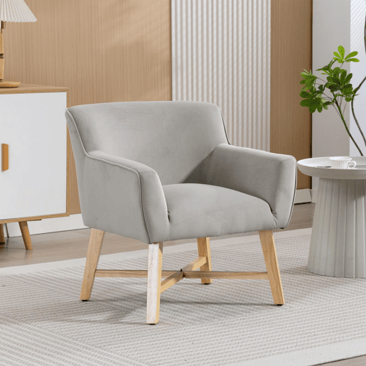 HOMCOM Poltrona de Sala de Estar Estofada em Veludo Poltrona Relax Moderna com Apoio para os Braços Acolchoados Pés de Madeira e Base Cruzada para Dormitório 67x65x74 cm Cinzento