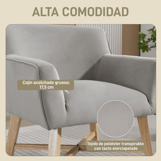 HOMCOM Poltrona de Sala de Estar Estofada em Veludo Poltrona Relax Moderna com Apoio para os Braços Acolchoados Pés de Madeira e Base Cruzada para Dormitório 67x65x74 cm Cinzento