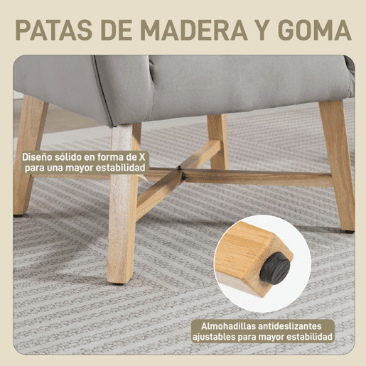 HOMCOM Poltrona de Sala de Estar Estofada em Veludo Poltrona Relax Moderna com Apoio para os Braços Acolchoados Pés de Madeira e Base Cruzada para Dormitório 67x65x74 cm Cinzento