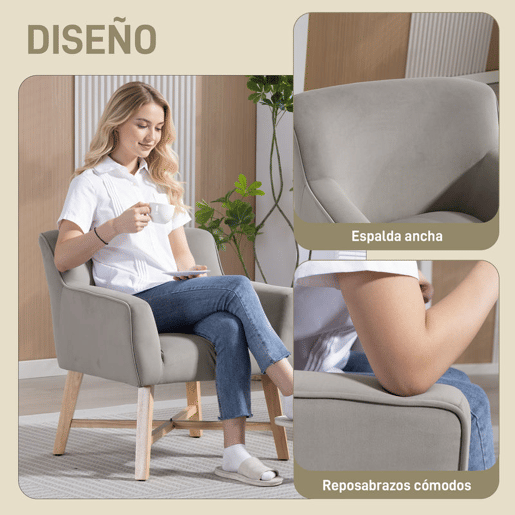 HOMCOM Poltrona de Sala de Estar Estofada em Veludo Poltrona Relax Moderna com Apoio para os Braços Acolchoados Pés de Madeira e Base Cruzada para Dormitório 67x65x74 cm Cinzento