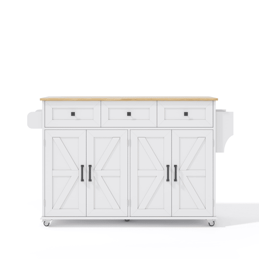 Ilha de cozinha 140x43(70)x90,5 cm - 5 rodas bloqueáveis, 4 portas, 3 gavetas, prateleira, toalheiros - Branco+Natural