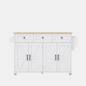 Ilha de cozinha 140x43(70)x90,5 cm - 5 rodas bloqueáveis, 4 portas, 3 gavetas, prateleira, toalheiros - Branco+Natural