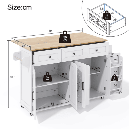 Ilha de cozinha 140x43(70)x90,5 cm - 5 rodas bloqueáveis, 4 portas, 3 gavetas, prateleira, toalheiros - Branco+Natural