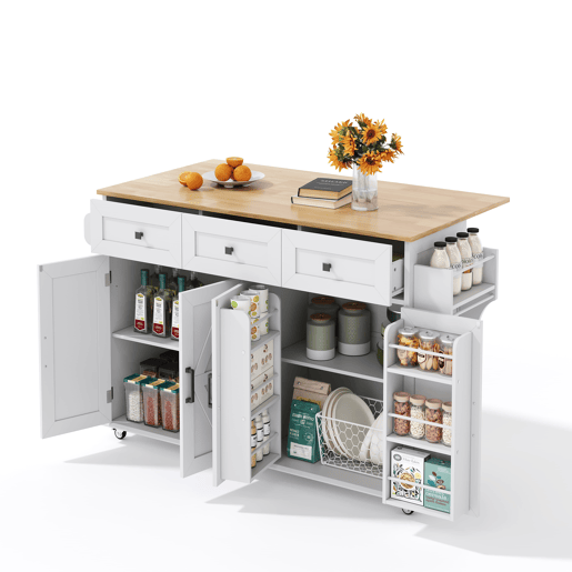 Ilha de cozinha 140x43(70)x90,5 cm - 5 rodas bloqueáveis, 4 portas, 3 gavetas, prateleira, toalheiros - Branco+Natural