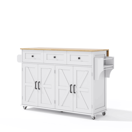 Ilha de cozinha 140x43(70)x90,5 cm - 5 rodas bloqueáveis, 4 portas, 3 gavetas, prateleira, toalheiros - Branco+Natural