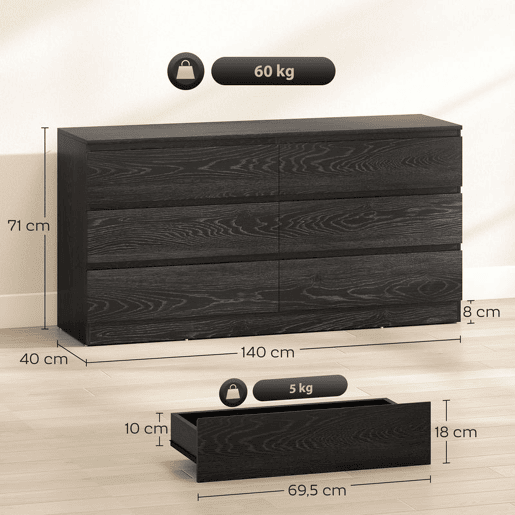 HOMCOM Cómoda com 6 Gavetas Estilo Moderno 140x40x71 cm Preto com Efeito Madeira