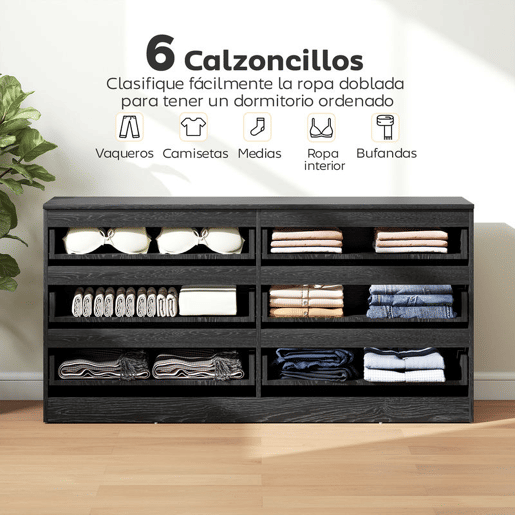 HOMCOM Cómoda com 6 Gavetas Estilo Moderno 140x40x71 cm Preto com Efeito Madeira