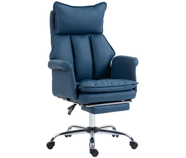 Homcom silla de escritorio con reposapiés, silla de oficina giratoria, con respaldo reclinable 150° y alto, acolchado grueso, tapizada en cuero sintético, soporte lumbar, altura ajustable, azul