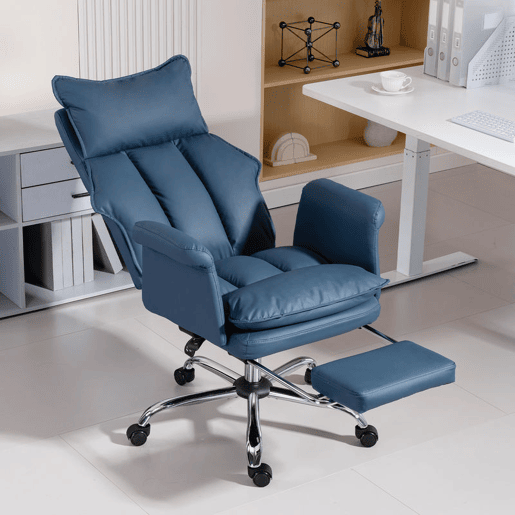 HOMCOM Cadeira de Escritório com Apoio para Pés, Cadeira Giratória com Encosto Reclinável a 150°, Altura Ajustável, Estofada em Pele Sintética, Apoio Lombar e Acolchoamento Espesso, Azul