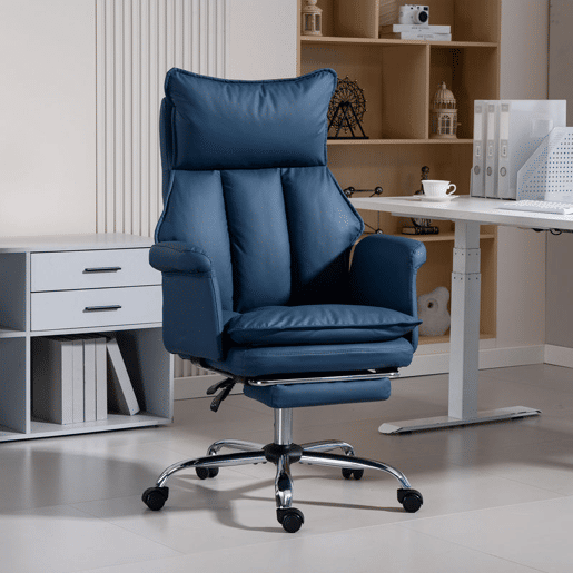 HOMCOM Cadeira de Escritório com Apoio para Pés, Cadeira Giratória com Encosto Reclinável a 150°, Altura Ajustável, Estofada em Pele Sintética, Apoio Lombar e Acolchoamento Espesso, Azul