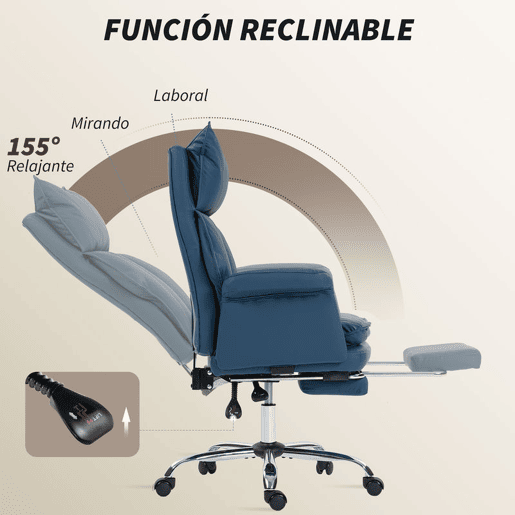 HOMCOM Cadeira de Escritório com Apoio para Pés, Cadeira Giratória com Encosto Reclinável a 150°, Altura Ajustável, Estofada em Pele Sintética, Apoio Lombar e Acolchoamento Espesso, Azul