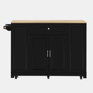 Ilha de cozinha móvel 131,8×40-70×93,3 cm - Área de jantar extensível, com gavetas multifuncionais e compartimento para lixo - Preto + Natural