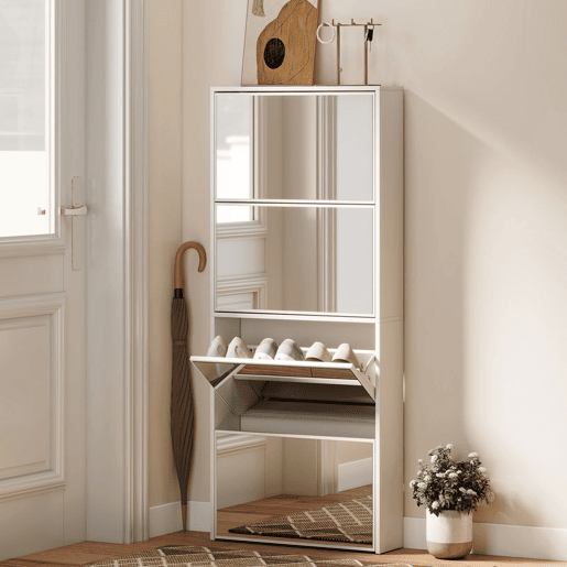 HOMCOM Sapateira Estreita com Espelho 4 Portas Abatíveis Sapateira para Entrada Corredor para 12 Pares de Sapatos Para Corredor Espaços Reduzidos 63x17x146 cm Branco HOMCOM Sapateira Estreita com Espelho 4 Portas Abatíveis Sapateira para Entrada Corredor para 12 Pares de Sapatos Para Corredor Espaços Reduzidos 63x17x146 cm Branco