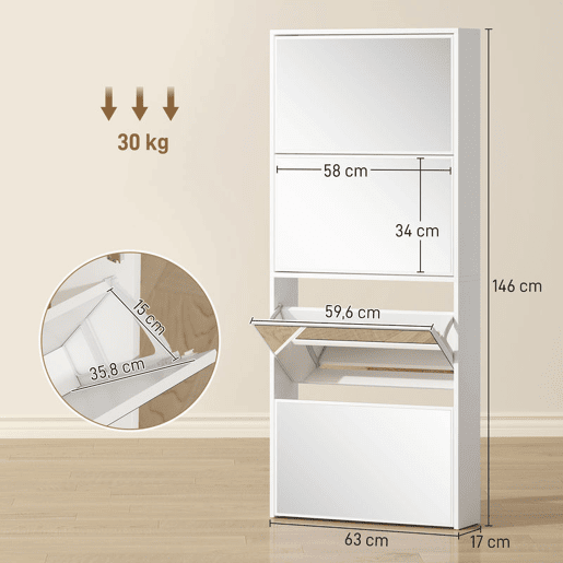 HOMCOM Sapateira Estreita com Espelho 4 Portas Abatíveis Sapateira para Entrada Corredor para 12 Pares de Sapatos Para Corredor Espaços Reduzidos 63x17x146 cm Branco HOMCOM Sapateira Estreita com Espelho 4 Portas Abatíveis Sapateira para Entrada Corredor para 12 Pares de Sapatos Para Corredor Espaços Reduzidos 63x17x146 cm Branco