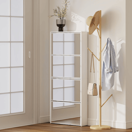 HOMCOM Sapateira Estreita com Espelho 4 Portas Abatíveis Sapateira para Entrada Corredor para 12 Pares de Sapatos Para Corredor Espaços Reduzidos 63x17x146 cm Branco HOMCOM Sapateira Estreita com Espelho 4 Portas Abatíveis Sapateira para Entrada Corredor para 12 Pares de Sapatos Para Corredor Espaços Reduzidos 63x17x146 cm Branco