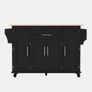 Ilha de cozinha móvel 120x45 cm - Bancada extensível 70 cm, gaveta oculta, prateleiras ajustáveis, prateleira para especiarias, suporte para toalhas - Preto e Natural