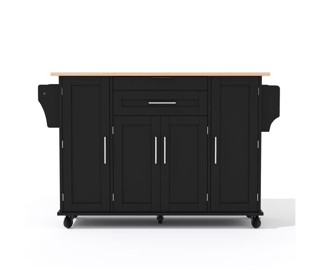 Isla de cocina móvil 120x45 cm - encimera extensible 70 cm, cajón oculto, estantes ajustables, estante de especias, soporte para toallas - negro y
