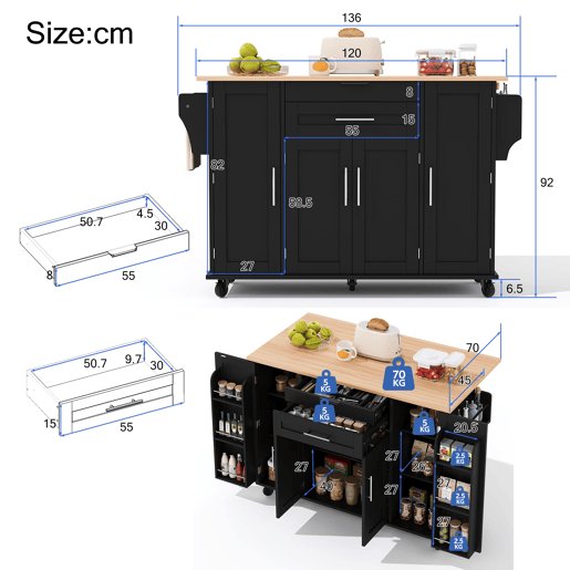 Ilha de cozinha móvel 120x45 cm - Bancada extensível 70 cm, gaveta oculta, prateleiras ajustáveis, prateleira para especiarias, suporte para toalhas - Preto e Natural