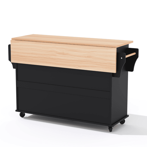 Ilha de cozinha móvel 120x45 cm - Bancada extensível 70 cm, gaveta oculta, prateleiras ajustáveis, prateleira para especiarias, suporte para toalhas - Preto e Natural