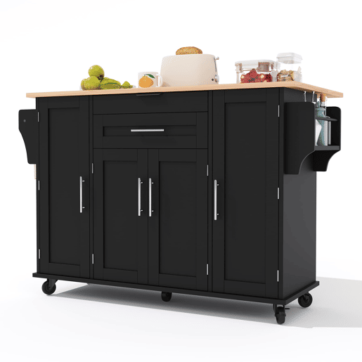 Ilha de cozinha móvel 120x45 cm - Bancada extensível 70 cm, gaveta oculta, prateleiras ajustáveis, prateleira para especiarias, suporte para toalhas - Preto e Natural