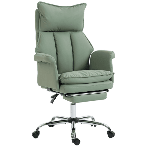 HOMCOM Cadeira de Escritório com Apoio para Pés, Cadeira de Escritório Giratória, com Encosto Reclinável a 150° e Alto, Estofada com Espuma Densa, Revestida em Pele Sintética, Suporte Lombar, Altura Ajustável, Verde