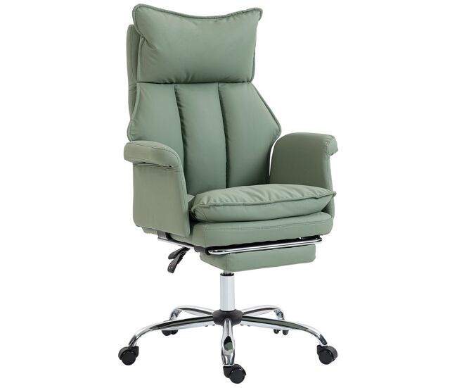 Homcom silla de escritorio con reposapiés, silla de oficina giratoria, con respaldo reclinable 150° y alto, acolchado grueso, tapizada en cuero sintético, soporte lumbar, altura ajustable, verde