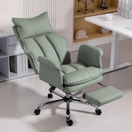 HOMCOM Cadeira de Escritório com Apoio para Pés, Cadeira de Escritório Giratória, com Encosto Reclinável a 150° e Alto, Estofada com Espuma Densa, Revestida em Pele Sintética, Suporte Lombar, Altura Ajustável, Verde