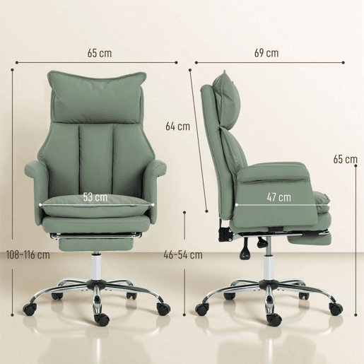 HOMCOM Cadeira de Escritório com Apoio para Pés, Cadeira de Escritório Giratória, com Encosto Reclinável a 150° e Alto, Estofada com Espuma Densa, Revestida em Pele Sintética, Suporte Lombar, Altura Ajustável, Verde