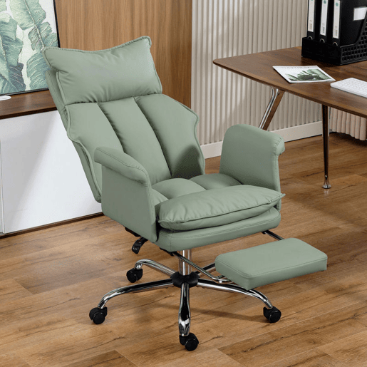 HOMCOM Cadeira de Escritório com Apoio para Pés, Cadeira de Escritório Giratória, com Encosto Reclinável a 150° e Alto, Estofada com Espuma Densa, Revestida em Pele Sintética, Suporte Lombar, Altura Ajustável, Verde