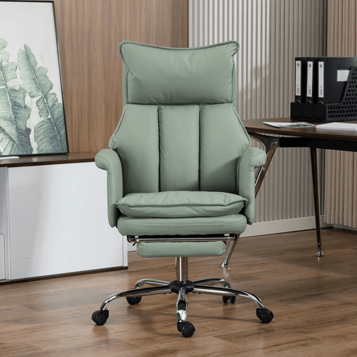 HOMCOM Cadeira de Escritório com Apoio para Pés, Cadeira de Escritório Giratória, com Encosto Reclinável a 150° e Alto, Estofada com Espuma Densa, Revestida em Pele Sintética, Suporte Lombar, Altura Ajustável, Verde
