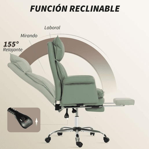 HOMCOM Cadeira de Escritório com Apoio para Pés, Cadeira de Escritório Giratória, com Encosto Reclinável a 150° e Alto, Estofada com Espuma Densa, Revestida em Pele Sintética, Suporte Lombar, Altura Ajustável, Verde