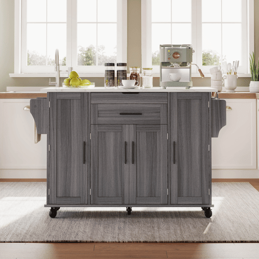 Ilha de cozinha móvel 120x45 cm - com superfície extensível até 70 cm, gaveta para utensílios, prateleiras ajustáveis, prateleira para especiarias, suporte para toalhas - Cinza