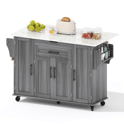 Ilha de cozinha móvel 120x45 cm - com superfície extensível até 70 cm, gaveta para utensílios, prateleiras ajustáveis, prateleira para especiarias, suporte para toalhas - Cinza